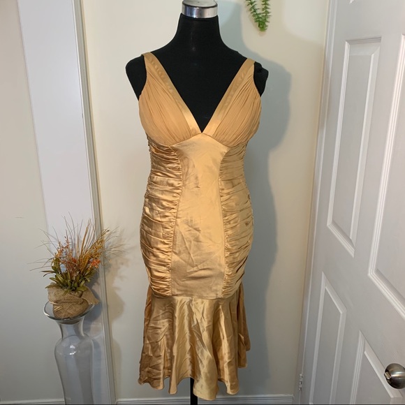 Dina Barel Soft Gold Tone Silk Flattering Dress - Picture 14 of 16